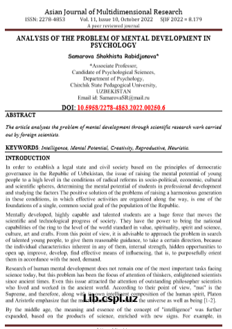ANALYSIS OF THE PROBLEM OF MENTAL DEVELOPMENT IN PSYCHOLOGY
