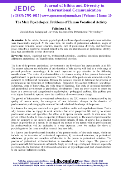 The Main Psychological Problems of Human Vocational Activity