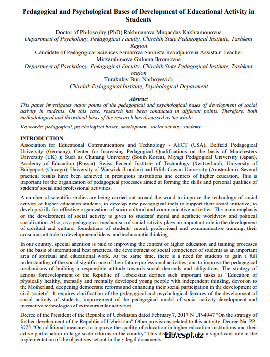 Pedagogical and Psychological Bases of Development of Educational Activity in Students