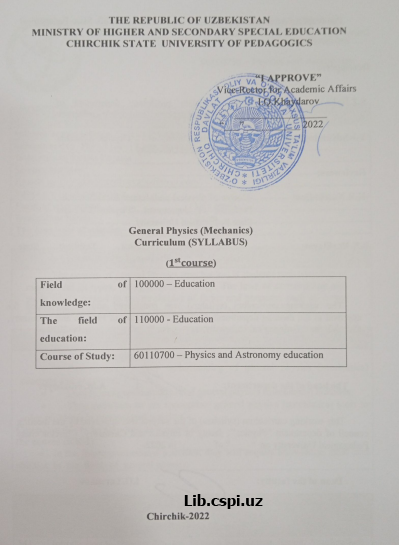 General Physics (Mechanics) Curriculum (SYLLABUS)