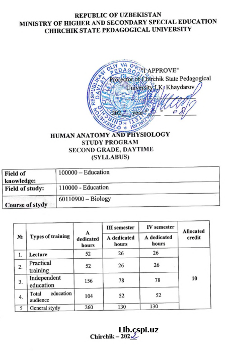 human anatomy and physiology study program srcond grade, daytime (SYLLABUS)