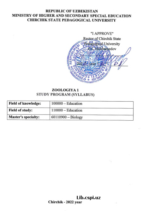 ZOOLOGIYA 1 study program (SYLLABUS)