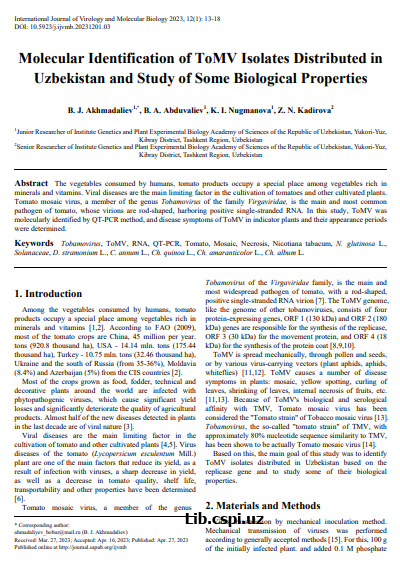 Molecular Identification of ToMV Isolates Distributed in Uzbekistan and Study of Some Biological Properties