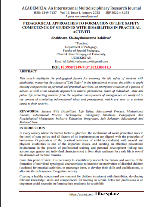 PEDAGOGICAL APPROACHES TO FORMATION OF LIFE SAFETY  COMPETENCE OF STUDENTS WITH DISABILITIES IN PRACTICAL  ACTIVITI