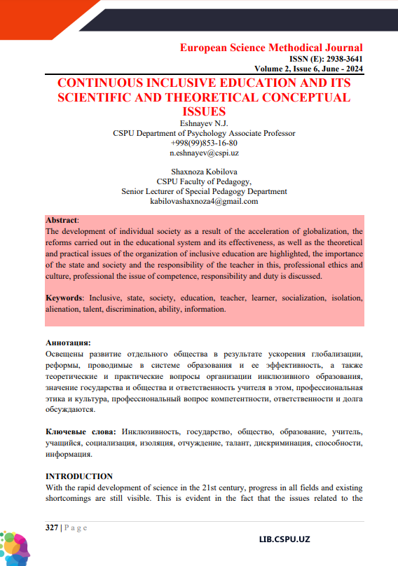 CONTINUOUS INCLUSIVE EDUCATION AND ITS SCIENTIFIC AND THEORETICAL CONCEPTUAL ISSUES