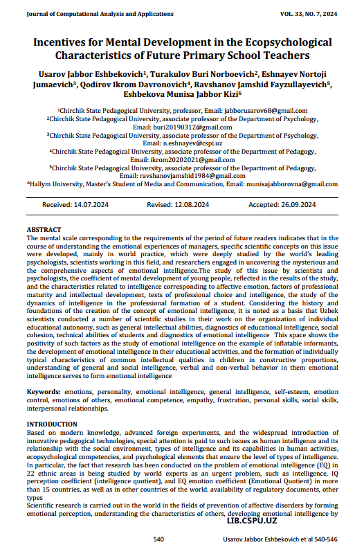 Incentives for Mental Development in the Ecopsychological  Characteristics of Future Primary School Teachers