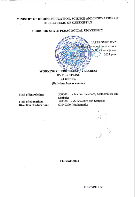 WORKING CURRICULUM (SYLLABUS)  BY DISCIPLINE ALGEBRA (Full-time 1-year course)