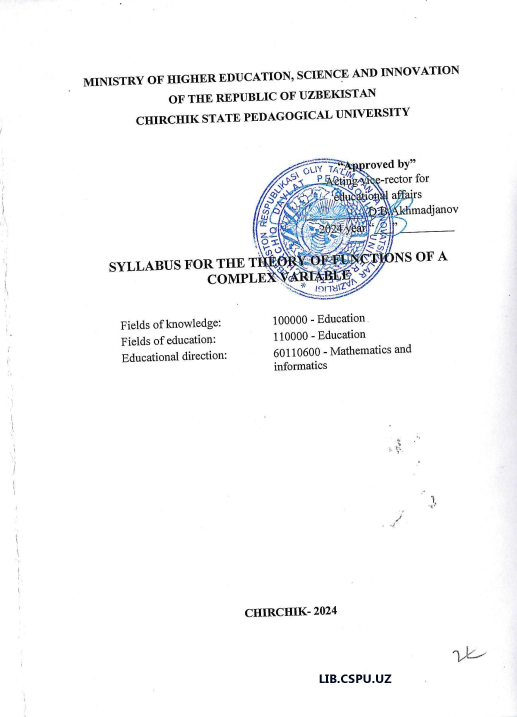 SYLLABUS FOR THE THEORY OF FUNCTIONS OF A COMPLEX VARIABLE