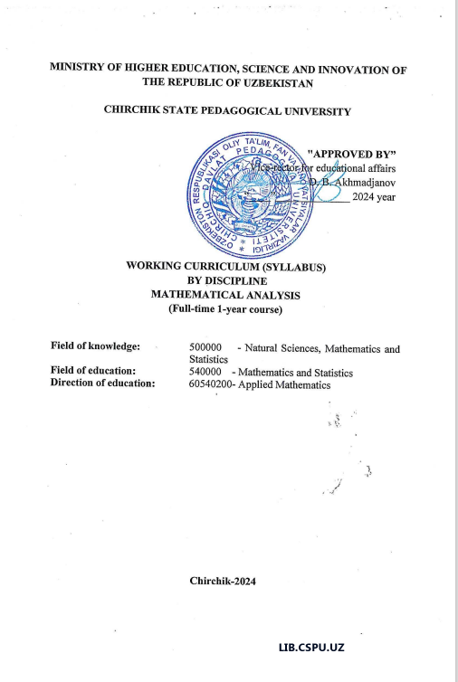 WORKING CURRICULUM (SYLLABUS)  BY DISCIPLINE MATHEMATICAL ANALYSIS (Full-time 1-year course)