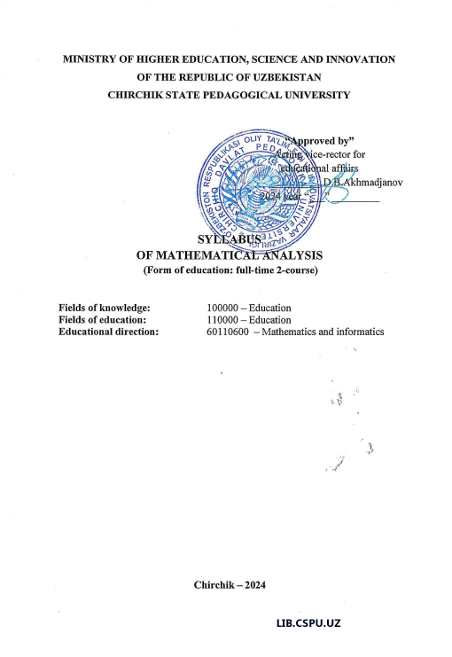 SYLLABUS  OF MATHEMATICAL ANALYSIS  (Form of education: full-time 2-course)