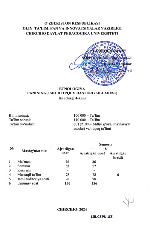 ETNOLOGIYA FANINING ISHCHI O‘QUV DASTURI (SILLABUSI) Kunduzgi 4-kurs