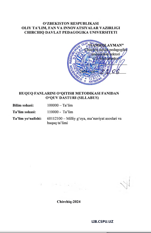 HUQUQ FANLARINI O‘QITISH METODIKASI FANIDAN O‘QUV DASTURI (SILLABUS)