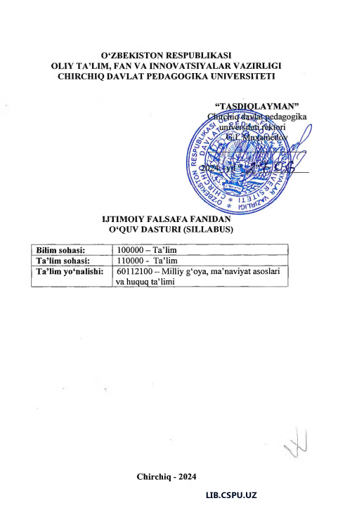 IJTIMOIY FALSAFA FANIDAN O‘QUV DASTURI (SILLABUS)