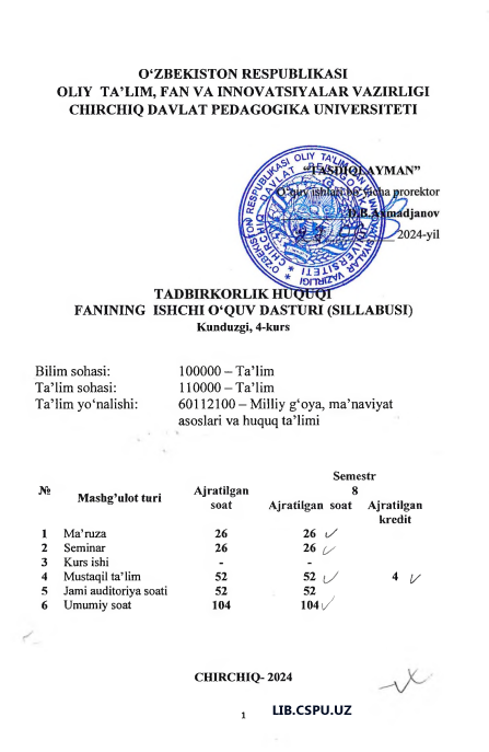 TADBIRKORLIK HUQUQI FANINING ISHCHI O‘QUV DASTURI (SILLABUSI) Kunduzgi, 4-kurs