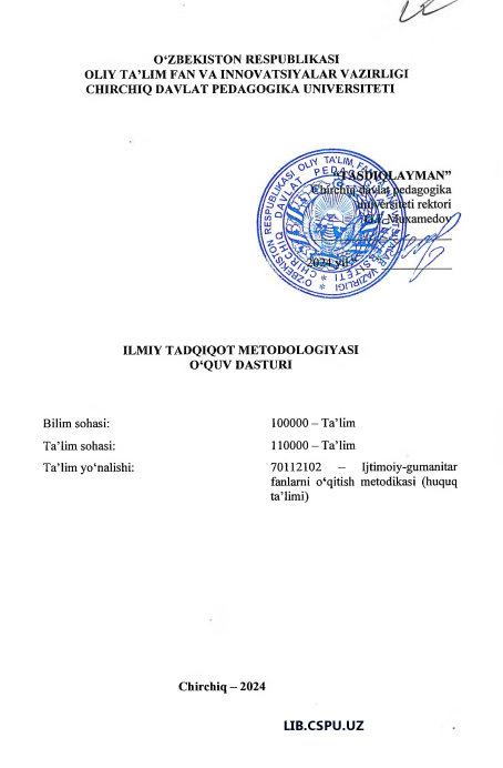 ILMIY TADQIQOT METODOLOGIYASI O‘QUV DASTURI