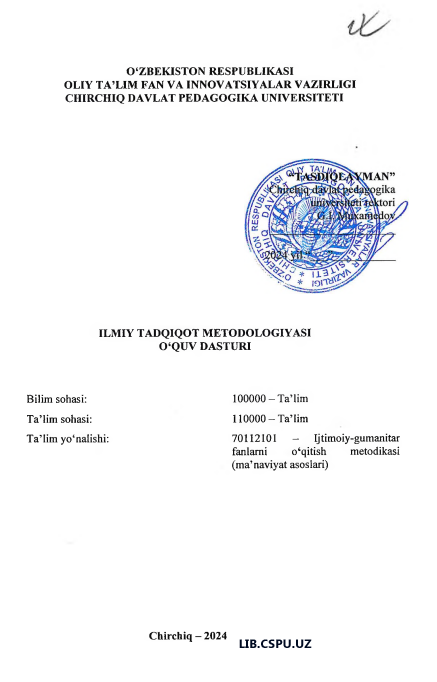 ILMIY TADQIQOT METODOLOGIYASI O‘QUV DASTUR