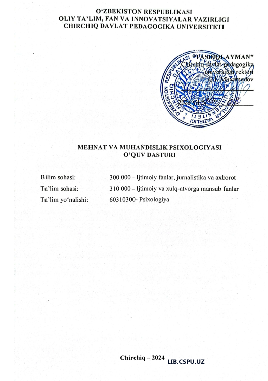 MEHNAT VA MUHANDISLIK PSIXOLOGIYASI