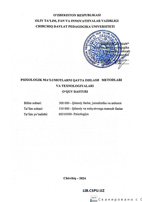 PSIXOLOGOK MA'LUMOTLARNI QAYTA ISHLASH METODLARI VA TEXNOLOGIYALARI