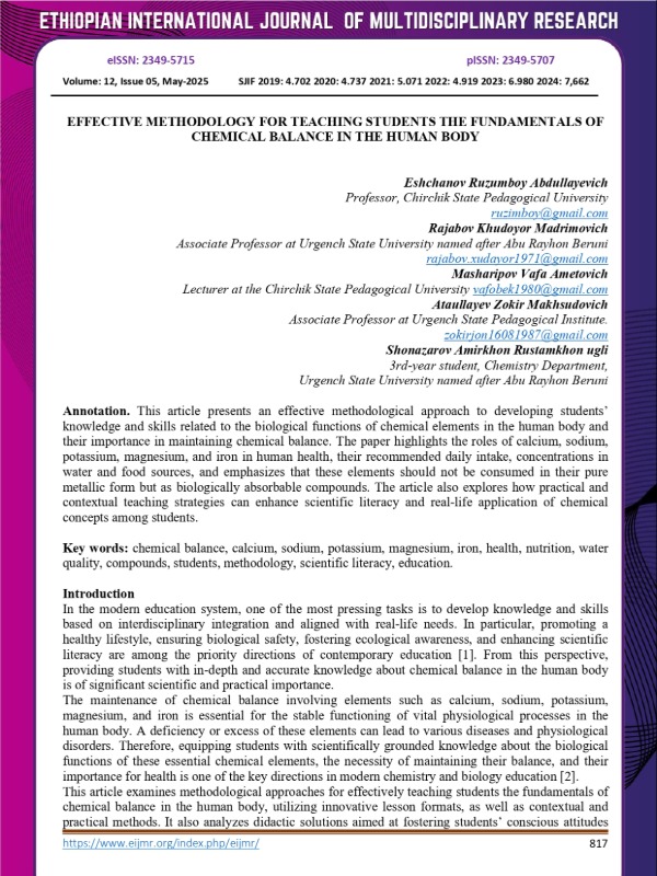 Effective methodology for teaching students the fundamentals of chemical balance in the human body