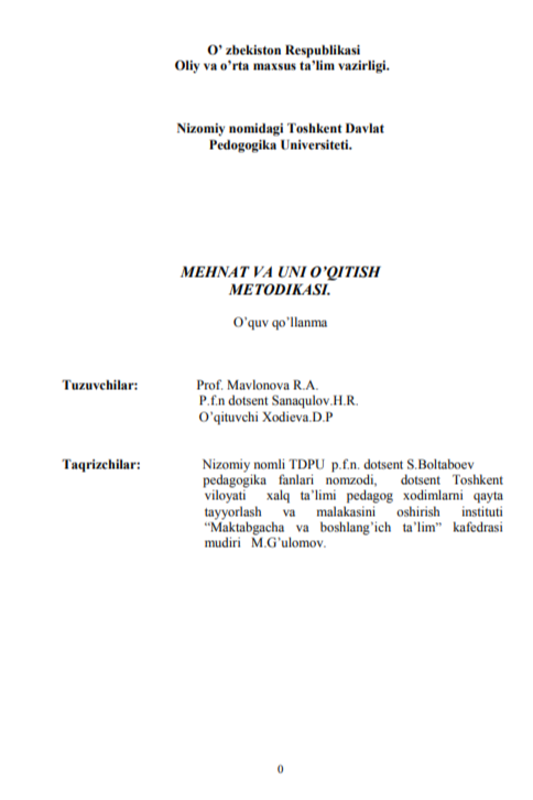 Mehnat va uni o’qitish metodikasi