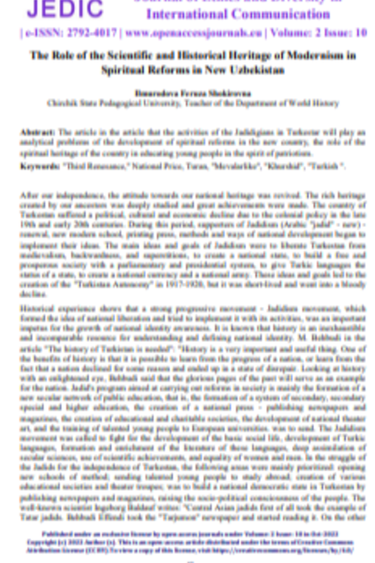 The Role of the Scientific and Historical Heritage of Modernism in Spiritual Reforms in New Uzbekistan