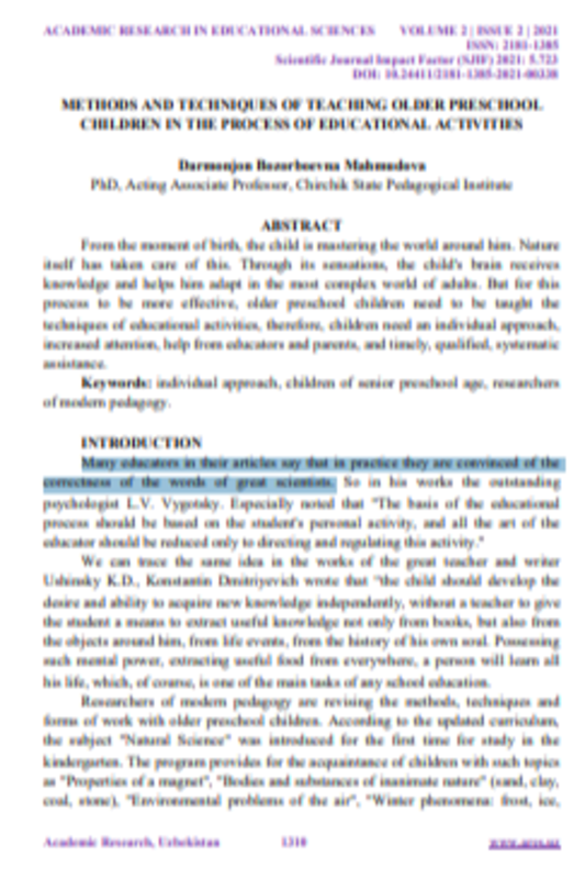 Methods and techniques of teaching older preschool children in the process of educatinal activities